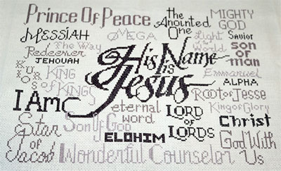 His name is Jesus stitched by Carrie of The Stitching Corner